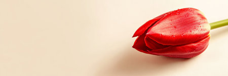 Single red tulip with glistening water drops lying on a creamy white background. Evoking feelings of love. Romance. And the arrival of spring. Perfect for valentines day or womens day celebrationsの素材