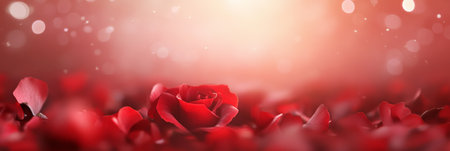 Romantic red rose blooming among soft petals, creating a dreamy and passionate atmosphere perfect for valentines day, womens day, or spring celebrations with a warm bokeh effectの素材
