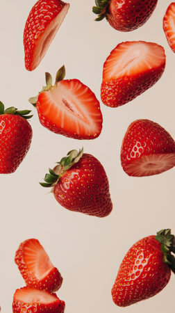 Ripe red strawberries and freshly cut slices levitating against a light beige backdrop, creating a vibrant and dynamic visual that captures the essence of summers sweetnessの素材