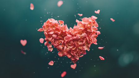 Delicate pink rose petals forming a floating heart shape against a dark green backdrop evoke a romantic and dreamy atmosphere ideal for celebrations of loveの素材