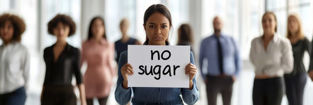 Young woman is holding a sign with the inscription no sugar while standing in front of a blurred group of colleagues, advocating for sugar reduction and a healthy lifestyleの素材