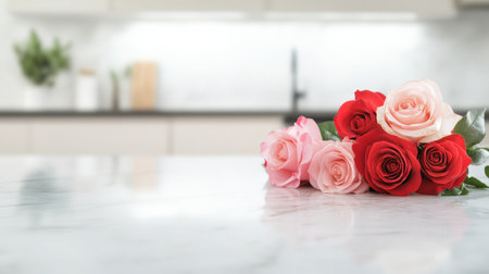 Beautiful bouquet of red and pink roses lying on a modern kitchen countertop, celebrating love and affection on valentines day or womens dayの素材