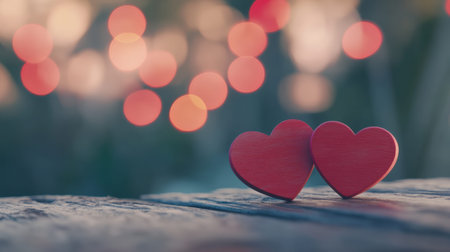 Two red wooden hearts standing on a rustic wooden table with a beautiful bokeh background creating a romantic atmosphere, perfect for valentines day, anniversaries, or declarations of loveの素材