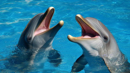 Two dolphins are emerging from intensely blue water, opening their mouths and showing their teeth, creating a captivating scene of marine wildlifeの素材