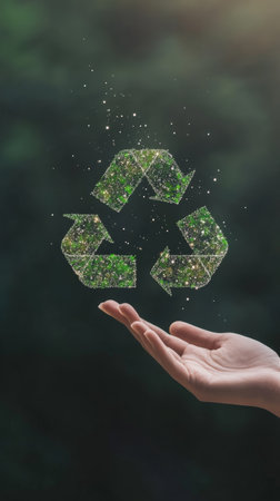 Open hand holding a recycle symbol made of green leaves and glowing particles, promoting environmental sustainability and waste management against a blurred natural backgroundの素材
