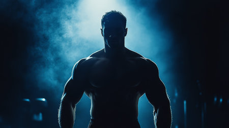 Muscular bodybuilder showing his perfect trained body under blue lights in a gym, creating a dramatic silhouette that emphasizes his strength and dedication to fitnessの素材