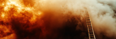 Dramatic scene unfolding with firefighters climbing a ladder during a high stakes rescue operation, surrounded by intense flames and thick smoke in a perilous environmentの素材