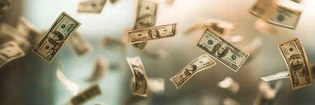 Graceful cascade of hundred dollar bills evokes wealth and abundance, hinting at prosperity, success, and lucrative investments. Symbol of opulence and lavishness, embodying financial gainsの素材