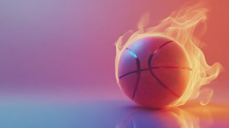 Realistic basketball burning in flames, against a vibrant gradient background, creating a powerful visual representation of intense competition and passion for the sportの素材
