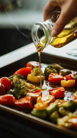 Chef pours olive oil from a small glass bottle onto a tray of roasted vegetables, including broccoli, tomatoes, and peppers, in a professional kitchen settingの素材