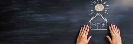 Hands rest on a blackboard, framing a chalk drawing of a house beneath a sun. The illustration conveys warmth, creativity, and simplicity, emphasizing home and imaginationの素材