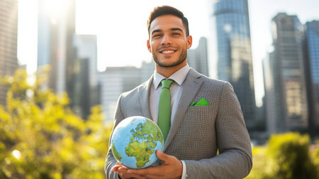 Businessman in a suit with a green tie and pocket square smiling while holding a small globe, representing environmental awareness in a corporate cityscapeの素材
