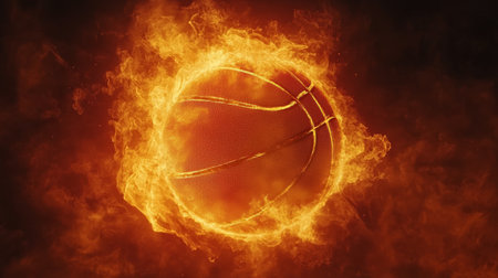 Basketball engulfed in flames symbolizing passion and energy of the game against a dark background creates a powerful visual representation of competitive spiritの素材