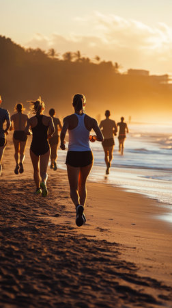 Group of athletes running on the beach at sunrise, training for a marathon, enjoying the beautiful scenery and healthy lifestyleの素材