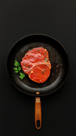 Seasoned t bone steak with parsley in a pan, ready for cooking, shot from above on a black background, representing the preparation phase of a delicious mealの素材