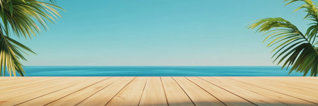 Wooden planks extending towards a tranquil turquoise ocean, framed by lush palm trees, create a serene and inviting tropical paradise setting, perfect for summer holidays and relaxing getawaysの素材