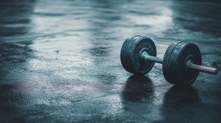 Black barbell lying on a wet gym floor, suggesting a recently completed intense weightlifting session, creating a dramatic and motivational fitness backgroundの素材
