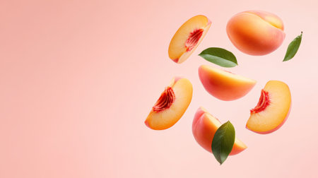 Ripe peach slices and whole peaches with leaves are levitating on a vibrant pink background, creating a dynamic and appetizing visual representation of freshnessの素材