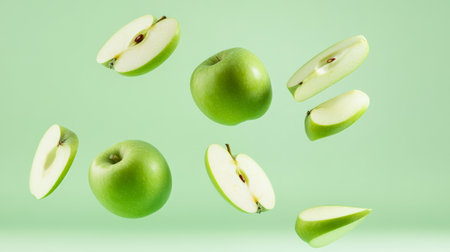 Ripe green apples and several slices are levitating on a pastel green background, creating a visually appealing display of freshness and healthの素材