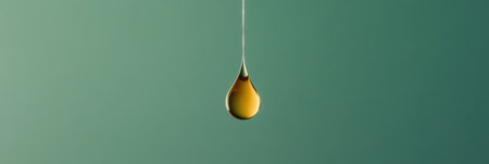 Single, shimmering golden drop suspended, catching and reflecting light against a smooth, green backdrop, creating a visually captivating scene of fluidity and luminosityの素材