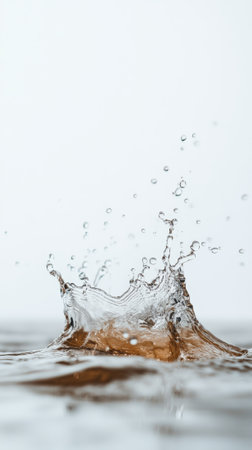 Crown shaped water splash creating beautiful ripples and droplets on the surface of a body of water, with a clean white background enhancing the dynamic nature of the liquid motionの素材