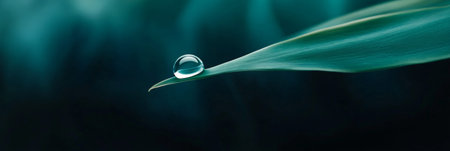 Macro close up of a transparent drop of water balancing on a blade of grass with a blurred dark green background, creating a tranquil and refreshing scene of natures delicate beautyの素材
