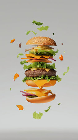 Juicy beef patty, melted cheese, crisp lettuce, and toasted buns are exploding in a dynamic display, showcasing the delicious ingredients of a perfect burger against a simple grey backdropの素材