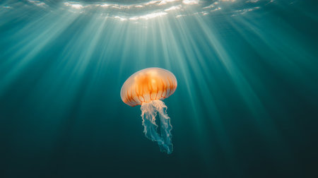 Orange jellyfish swimming underwater with sunbeams penetrating the surface and creating a beautiful spectacle of light and shadow in the deep blueの素材