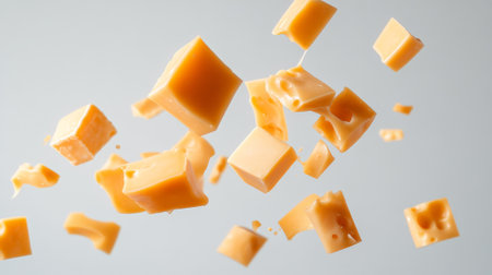 Many cheddar cheese cubes and pieces of different sizes are levitating on a uniform light gray background, creating an interesting visual effectの素材