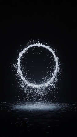 Dynamic ring of splashing water against a deep black background, creating a captivating display of fluid motion, shimmering droplets, and striking contrasts in energy and purityの素材