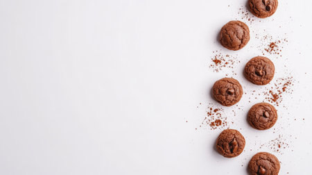 Small round chocolate cookies with chocolate chips are levitating on a white background, forming a diagonal line and sprinkled with cocoa powder, creating a tempting visual arrangementの素材