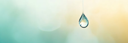 Glistening water droplet suspended in mid air, reflecting light against a soft, blurred background of aqua and gold hues, creates a serene and mesmerizing sceneの素材