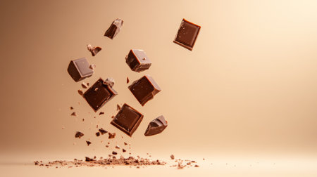 Several chocolate bar pieces are levitating and crumbling in the air, creating a visually appealing arrangement against a beige backdrop, with some chocolate powder scattered on the surface belowの素材