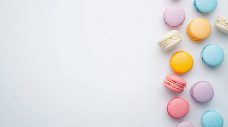 Captivating arrangement of vibrant macarons appears to float against a pristine white backdrop, creating a visually appealing scene with ample space for text or design elementsの素材