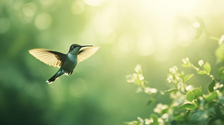 Small hummingbird hovering gracefully in a lush green forest, wings spread wide during the enchanting golden hour, creating a serene and magical atmosphere filled with tranquilityの素材