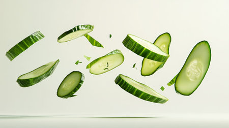 Fresh cucumber slices levitating in mid air against a minimalist white backdrop, creating a dynamic and refreshing visual that highlights the vibrant green color and healthy appealの素材