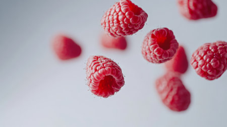 Ripe red raspberries floating gracefully against a soft gray backdrop, creating a vibrant and enticing display of these delicious summer berries, perfect for healthy snacking or dessertsの素材
