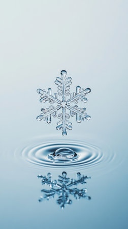 Transparent snowflake is melting on rippling water surface creating concentric circles and beautiful reflection, symbolizing winter, change of seasons, fragility and global warmingの素材