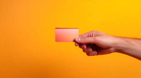 Male hand holding blank red credit card on orange background, promoting financial transactions, online shopping, and cashless payments in a vibrant and modern settingの素材