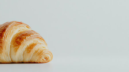 Freshly baked croissant levitating on a white background, showcasing its flaky layers and golden brown color, perfect for breakfast or brunchの素材