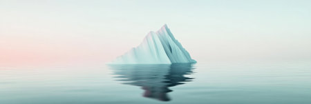Iceberg peacefully floating on calm water, with a soft pastel sky reflecting in the tranquil sea, creating a serene and minimalist compositionの素材