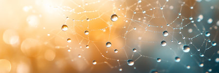 Sparkling dew drops clinging to a delicate spiderweb, reflecting warm golden sunlight, create a mesmerizing spectacle of natures beauty in the freshness of morningの素材