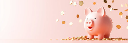 Pink piggy bank standing on a pile of golden coins while other coins are falling on a pink background, representing savings, investment, and financial growthの素材