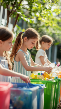 Elementary school students practicing eco friendly habits by sorting plastic bottles into colorful recycling bins, promoting sustainability and environmental awareness in a playful and engaging wayの素材