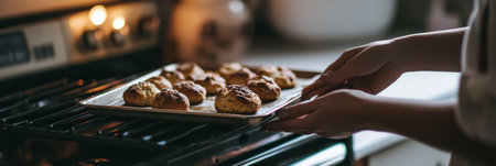 Chef removing a baking sheet filled with golden brown cookies from the oven, enveloping the kitchen in a warm, inviting aroma that sparks sweet anticipation and delightの素材