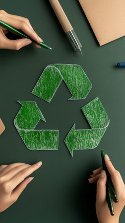 Green recycling symbol drawn on a dark surface, surrounded by hands holding eco friendly pens and sustainable materials, emphasizing waste management, eco consciousness, and sustainabilityの素材