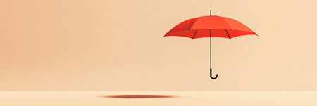 Red umbrella floating in a minimalist peach studio setting, casting a subtle shadow, symbolizing safety, security, and preparedness for unexpected challengesの素材