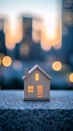 Small wooden house model with illuminated windows, symbolizing investment, mortgage, and home buying, placed on a surface against a blurred cityscape backdrop at sunsetの素材
