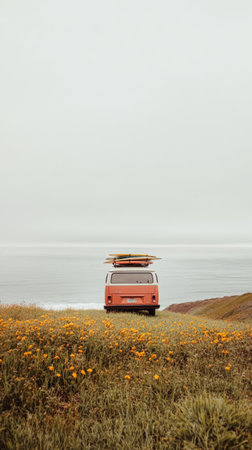 Classic camper van with surfboards parked in a vibrant field of wildflowers, enjoying a breathtaking ocean view, embodying the spirit of summer adventure and travelの素材