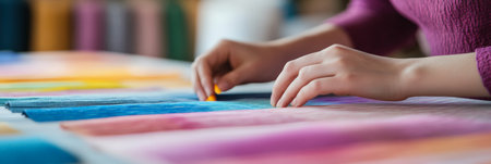 Close up of a fashion designer meticulously selecting vibrant and textured fabrics, showcasing the creative process of choosing materials for a new clothing lineの素材